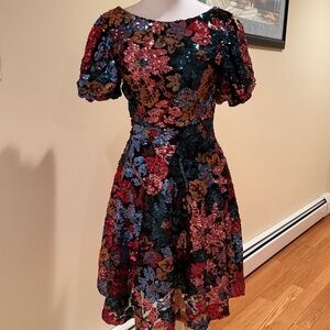 Ivy City Co Black Multicolor Sequin Floral Midi Dress XXS NWT